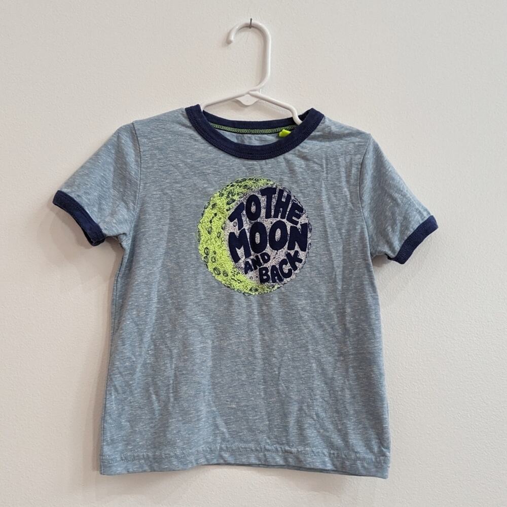 Mini Boden Shirt Boys Sz 2-3Y Blue Retro Ringer To The Moon Graphic
